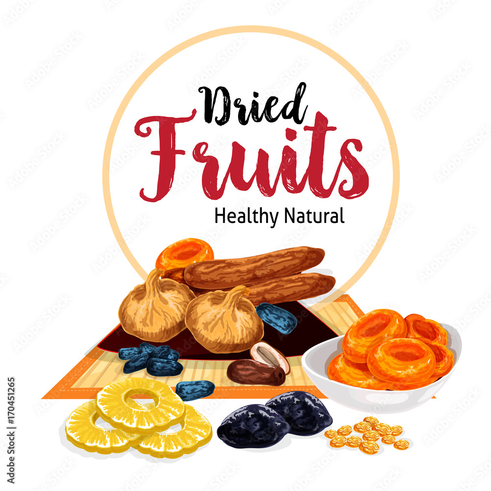Vector poster of dried fruits and dry fruit snacks Stock Vector Adobe
