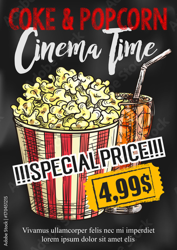 Fast food popcorn and coke vector cinema poster