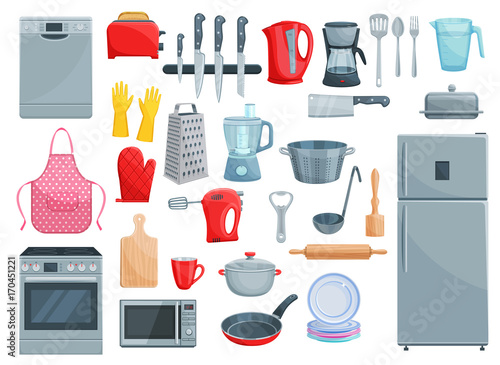 Kitchen appliances and dishware vector icons set