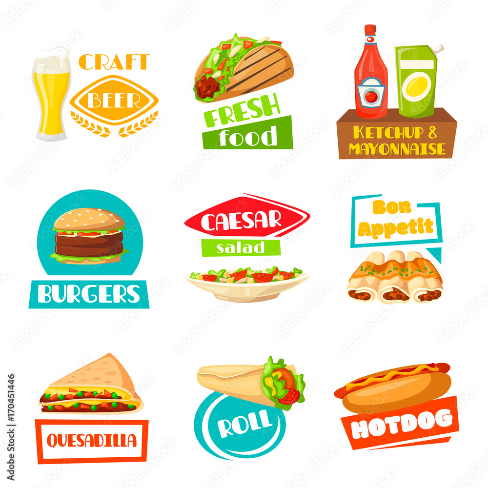 Fast food vector menu icons set for meals
