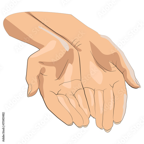 Character pair of hands with exposed palm, request or donation.