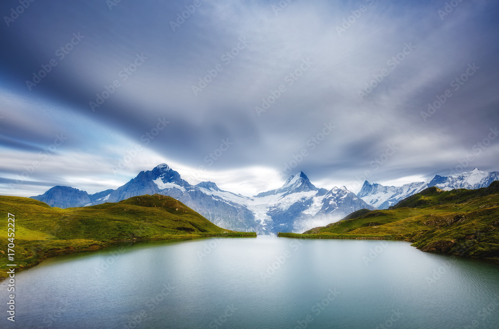 Panorama of Mt. Schreckhorn and Wetterhorn above Bachalpsee lake. Location Swiss alps, Bernese Oberland, Grindelwald, Europe