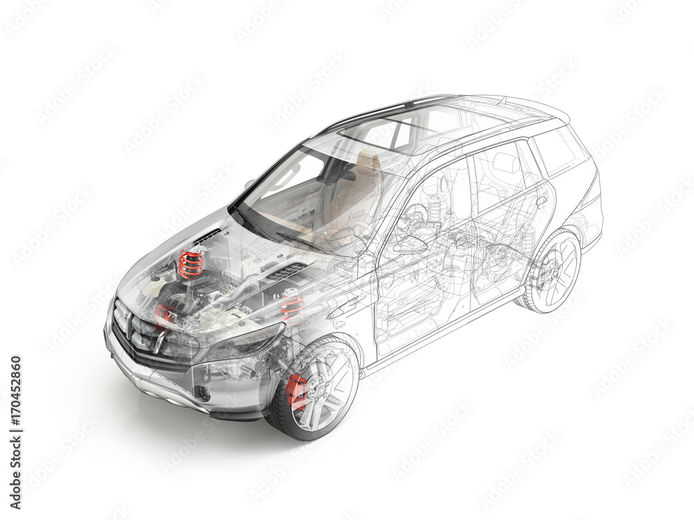 Suv car detailed cutaway realistic morphing to drawing.