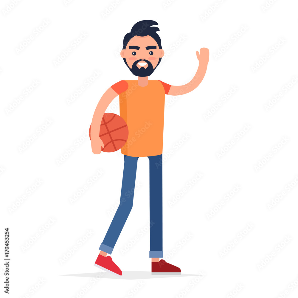 Smiling Man with Basketball Say Hello Flat Design