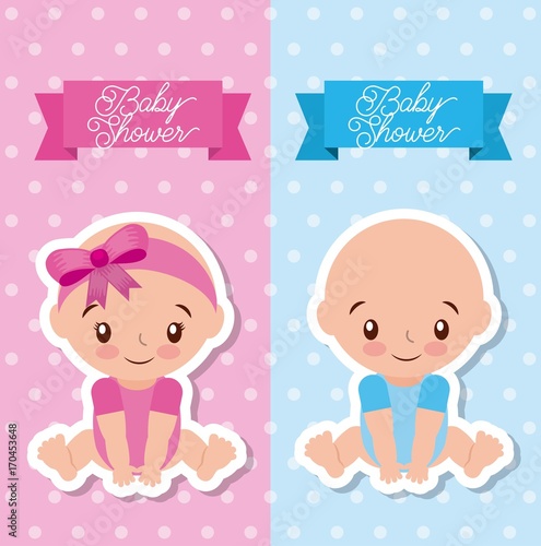 baby shower greeting card with boy and girl vector illustration