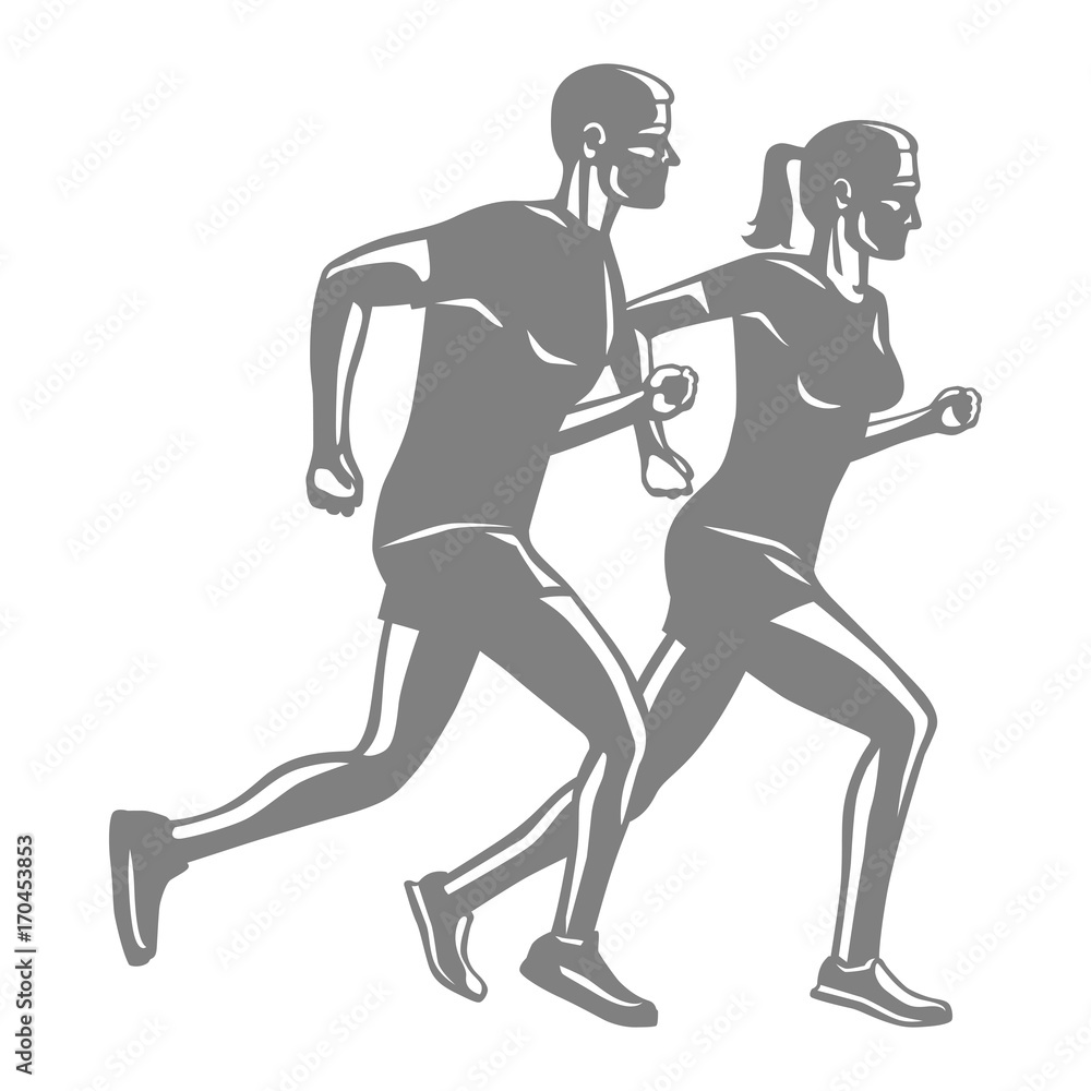 Silhouettes of Running Man and Woman on White