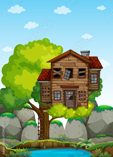 Old wooden treehouse on the tree