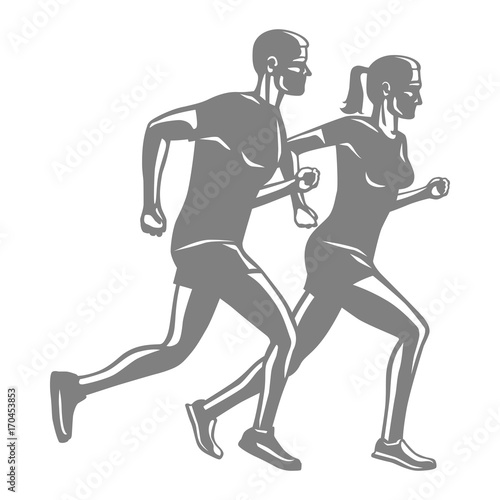 Silhouettes of Running Man and Woman on White