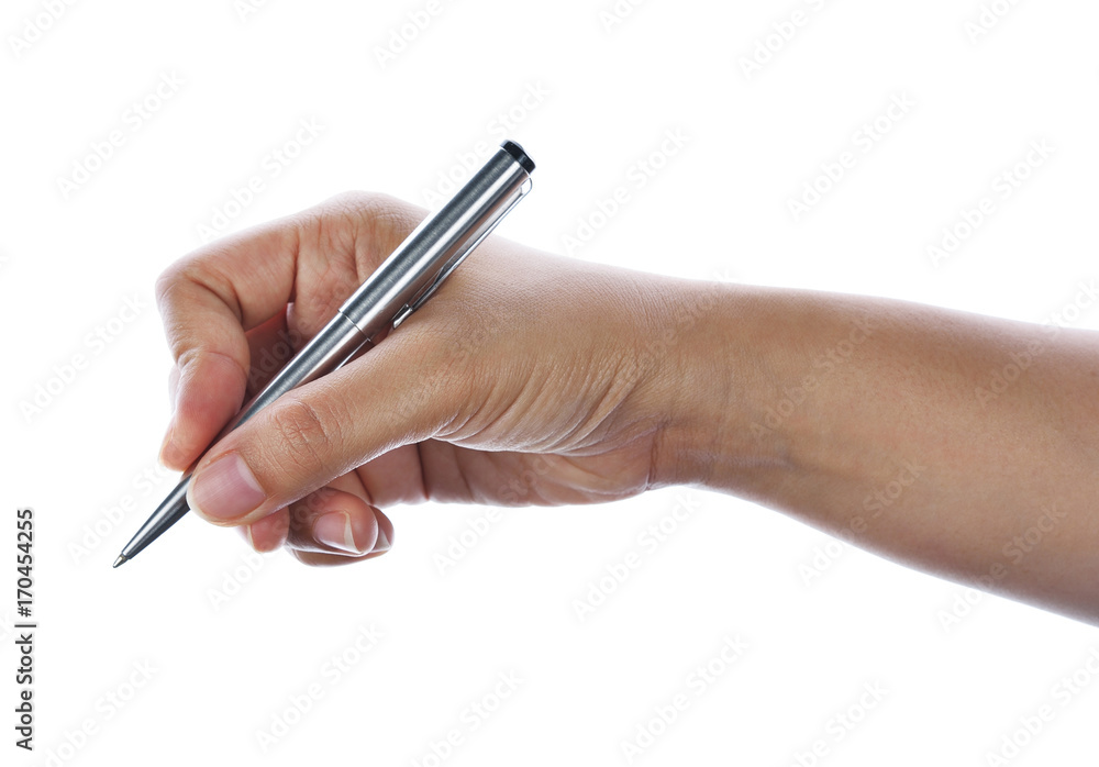 Woman hand writing with a pen isolated on white. Woman hand writing with a pen isolated on white.