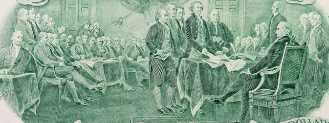 Close-up of signing declaration of independence on two dollar banknote. United States, macro