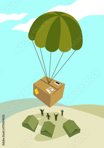 Vector illustration of a care package air dropped by parachute to deployed soldiers at a military base. Simple contemporary flat vector style.