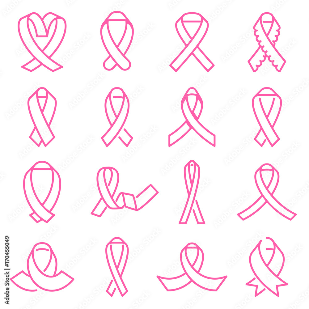 Pink awareness ribbon icons. Collection of 16 breast cancer awareness symbols isolated on a white background. Line style. Editable stroke. Vector illustration