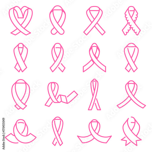 Pink awareness ribbon icons. Collection of 16 breast cancer awareness symbols isolated on a white background. Line style. Editable stroke. Vector illustration
