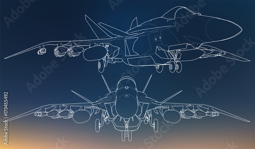 Set of military jet fighter silhouettes. Image of aircraft in contour drawing lines