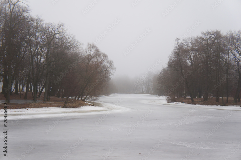Winter landscape iced pond with trees in fog Winter landscape iced pond with trees in fog