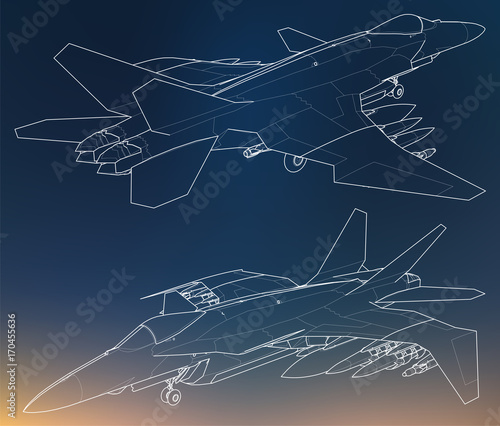 Set of military jet fighter silhouettes. Image of aircraft in contour drawing lines