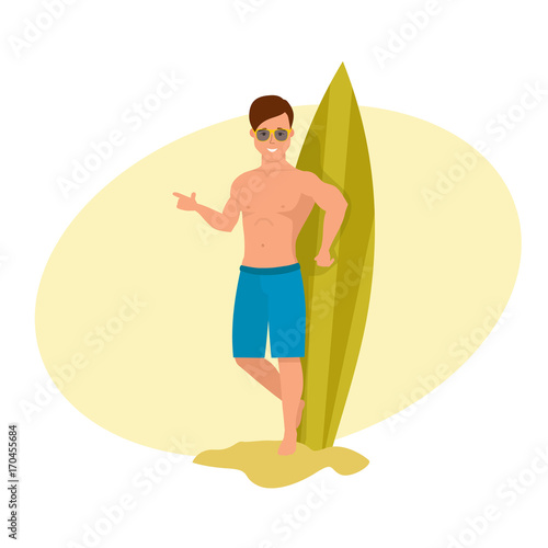 Surfer on beach is standing and posing against background board. © Idey