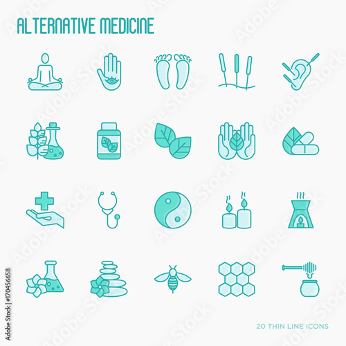 Alternative medicine thin line icons set. Vector illustration for yoga, acupuncture, wellness, ayurveda, chinese medicine, holistic center.