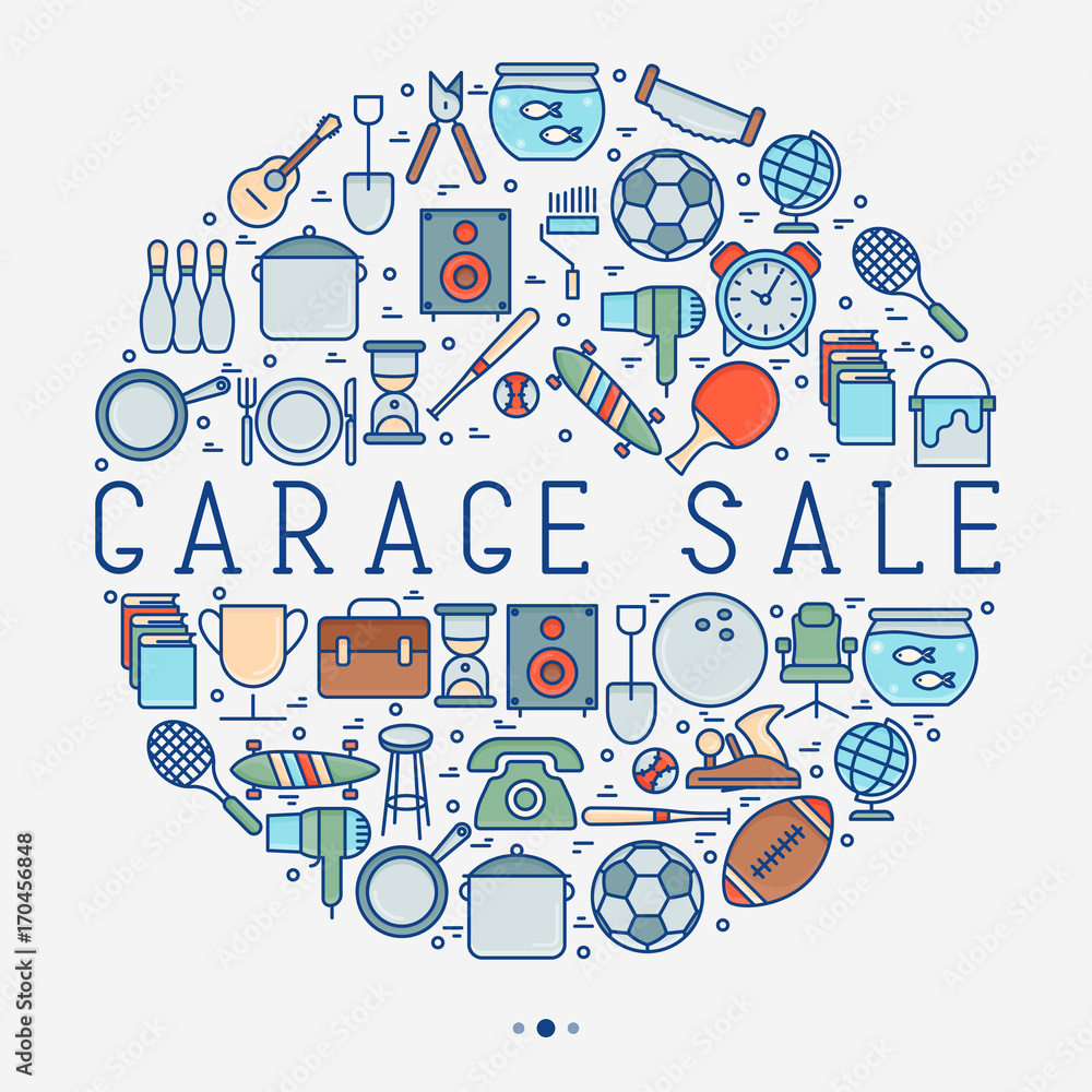 Garage sale or flea market concept in circle with place for text. Thin line vector illustration for banner, web page, print media. Garage sale or flea market concept in circle with place for text. Thin line vector illustration for banner, web page, print media.