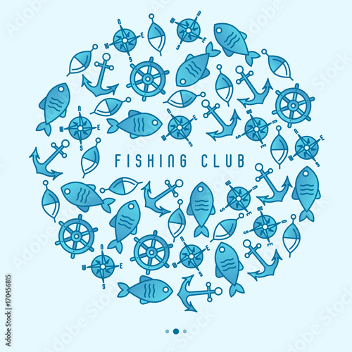 Fishing club concept in circle with fish, bobber and anchor. Marine background with thin line icons. Template for design banners, postcard, invitation.