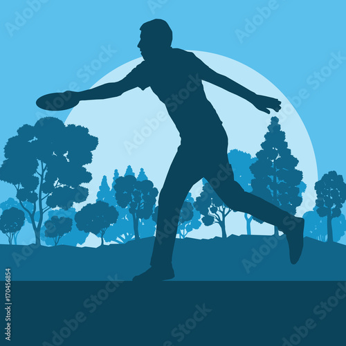 Flying disc throw game man playing in park with trees vector