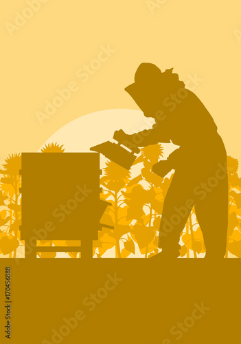 Beekeeper working in apiary in front of sunflower field vector