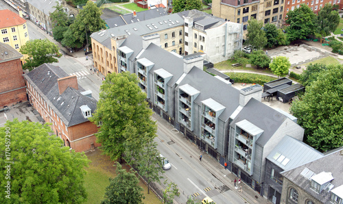 Photography View of the modern houses from the top of the Church of Our Saviour, Copenhagen,