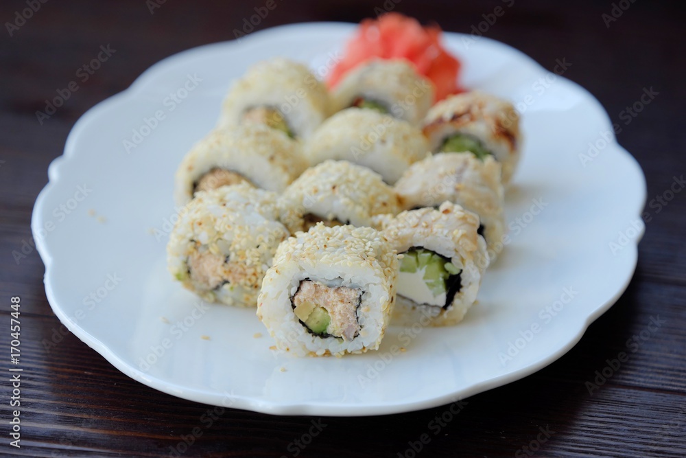 Delicious sushi with sesame Japanese food view Delicious sushi with sesame Japanese food view