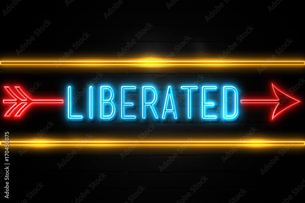 Liberated  - fluorescent Neon Sign on brickwall Front view