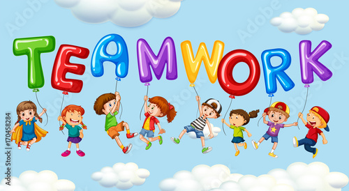 Kids and balloons for word teamwork