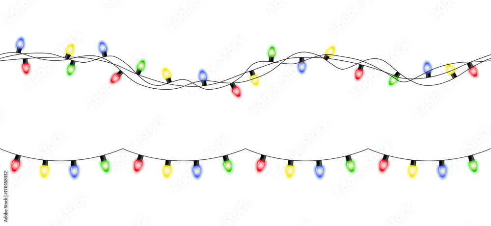 Fototapeta premium Wektorowe kolorowe bezszwowe bożonarodzeniowe światła girlandy odizolowywać na białym tle
