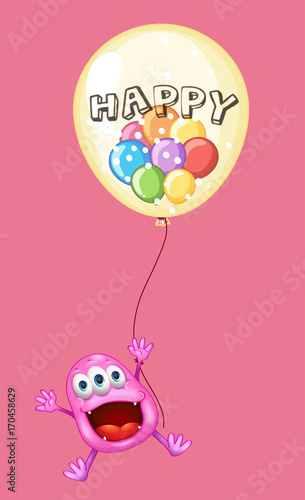 Cute monster and balloons with word happy