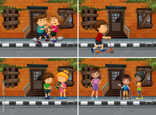 Neighborhood scenes with people doing different things