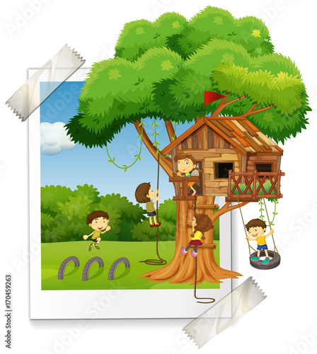 Many children playing in treehouse