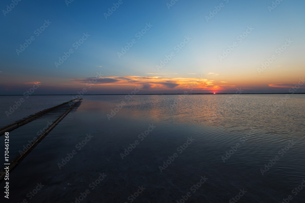 Beauty sunset on salty lake in Altay, Siberia, Russia