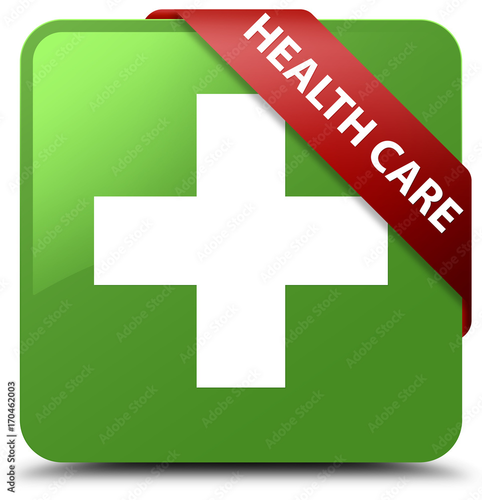 Obraz premium Health care (plus sign) soft green square button red ribbon in corner