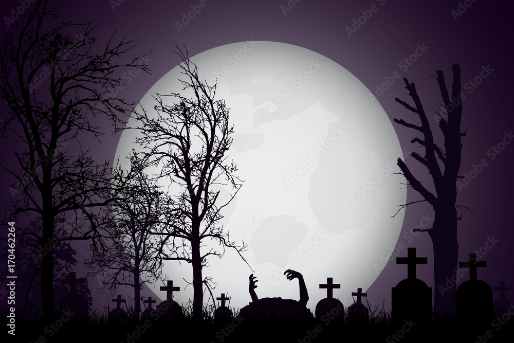 Vector realistic illustration of a haunted cemetery with tombstones and hand zombie, cross and trees without leaves under a dramatic sky