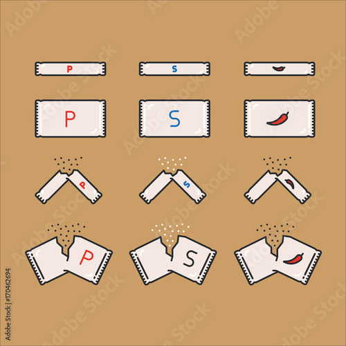 Sugar Salt Pepper Packet Packaging Color Flat Line Outline Stroke Icon Pictogram Symbol Set Collection