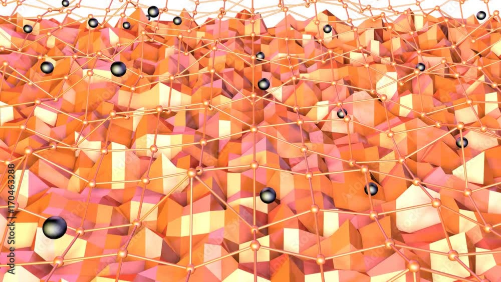 Low poly 3D surface with flying grid or mesh and black spheres as ...
