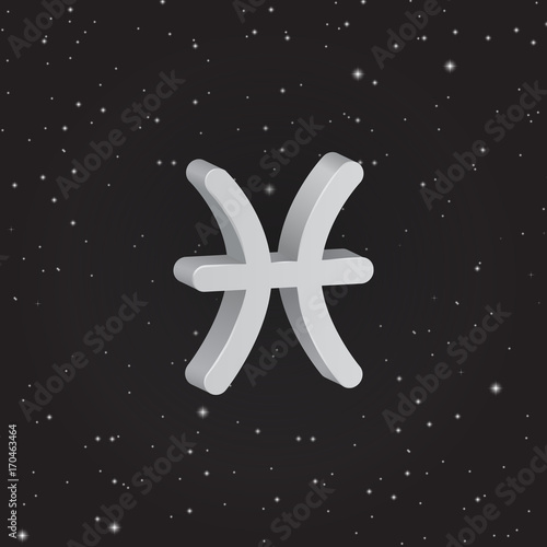 Pisces zodiac symbol, 3D white zodiac icon on the background of black starry sky