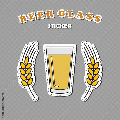 Shaker pint beer glass and two wheat spikes stickers, beer logo, vector illustration