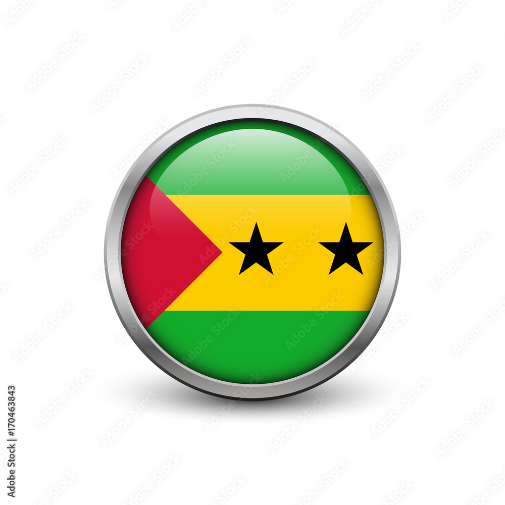 Flag of Sao Tome and Principe, button with metal frame and shadow Flag of Sao Tome and Principe, button with metal frame and shadow