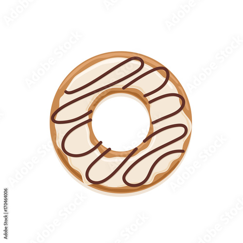 Vector icon of glazed white chocolate donut with dark chocolate stripes