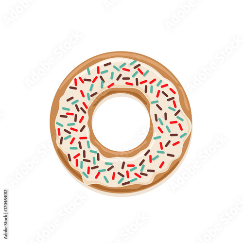 Vector icon of glazed white chocolate donut with dark colored sprinkles