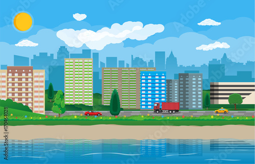 Modern city view. Waterfront, river, embankment