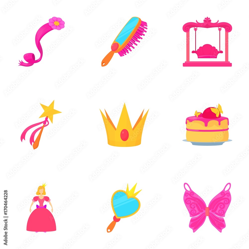 Little queen icons set, cartoon style