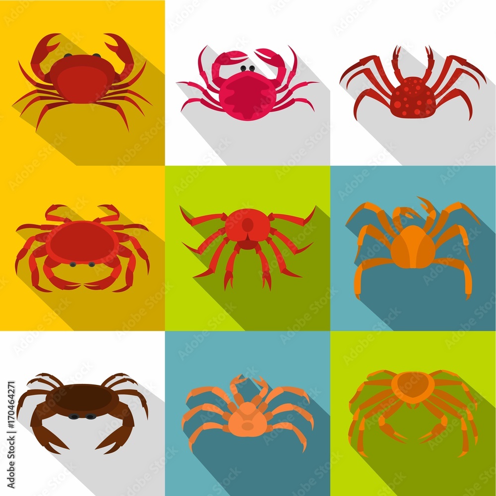 Raw crab icon set, flat style Raw crab icon set, flat style