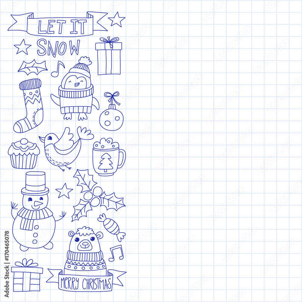 Fototapeta premium Christmas Xmas New year Vector doodle set of icons with Santa Claus, penguin, snowman, bear, presents, christmas decoration