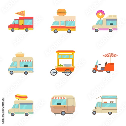 Fast food truck icons set, cartoon style