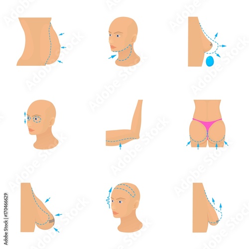 Plastic surgery icons set, cartoon style
